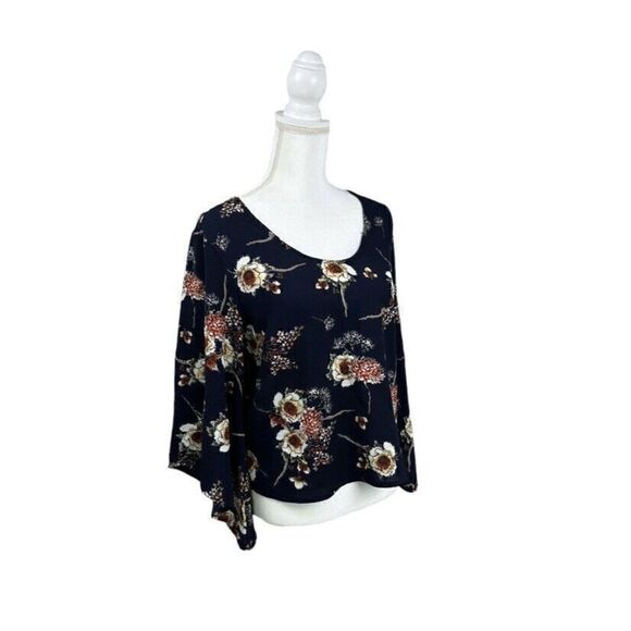 Nylon Apparel Dark Blue Floral Print Flowy Kimono Sleeve Shirt Size Medium - Picture 4 of 10